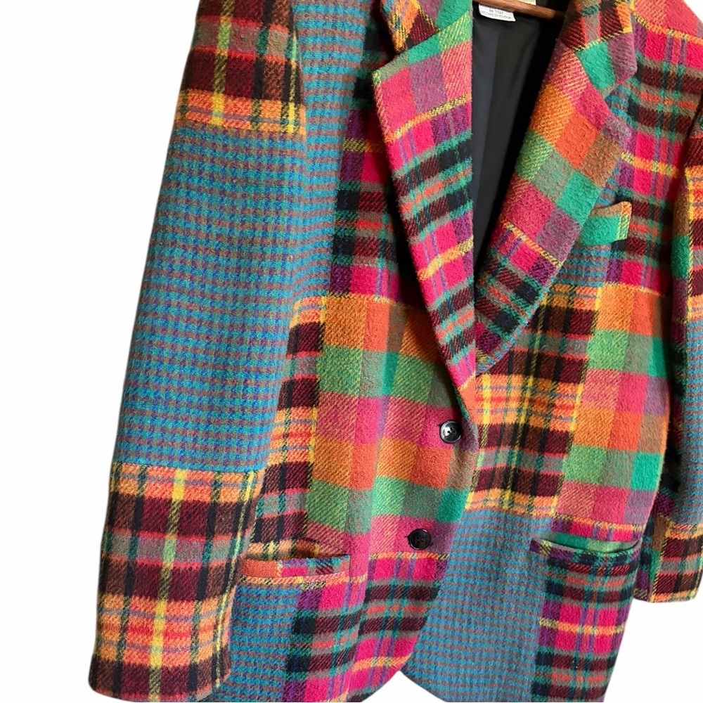 Vintage Gitano Vibrant Patchwork Plaid Wool Blend Blazer - Picture 3 of 7